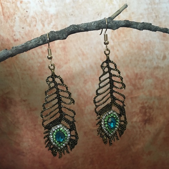Antique Style Peacock Feather Earrings - Picture 8 of 8